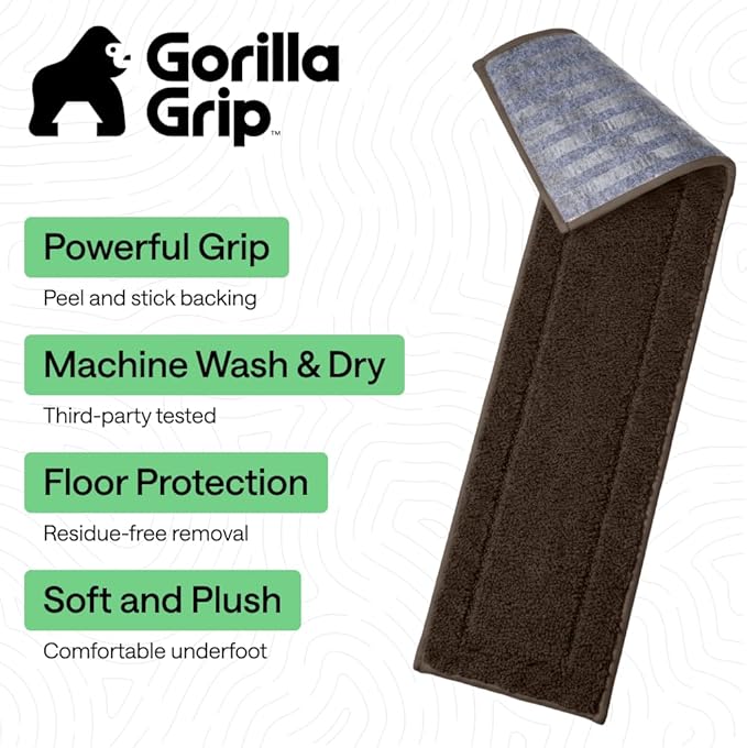GORILLA GRIP Peel and Stick Stair Treads for Wooden Steps, Multi-Surface Use, Machine Washable Carpet Runners, Indoor Rugs for Stairs, Pet Friendly, Universal Size, 4 Pack Brown, 8x28 Inches