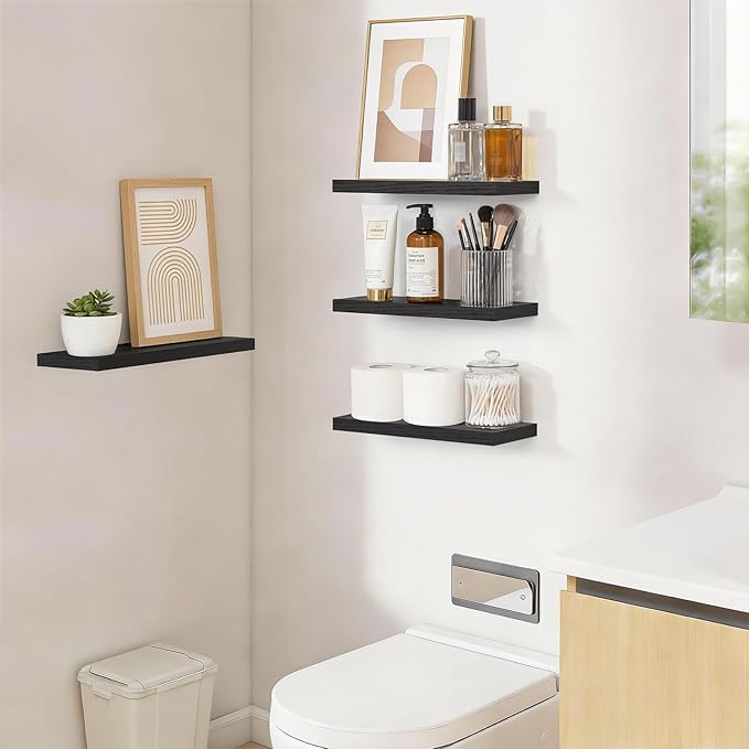 BAYKA Floating Shelves for Wall, 15.7in Wall Mounted Rustic Wood Shelves for Bathroom, Bedroom, Living Room, Kitchen, Hanging Shelf for Books/Storage/Room Decor with 22lbs Capacity (Black, Set of 4)