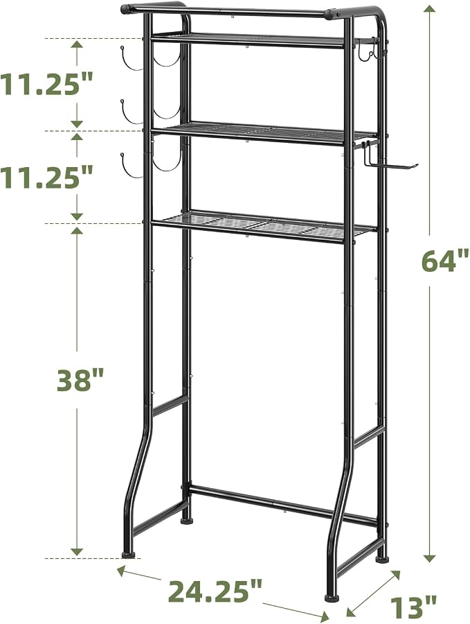 Simple Trending Over The Toilet Storage Cabinet, Metal Bathroom Shelf Organizer with Paper Holder and Hooks, 3 Tier, Black