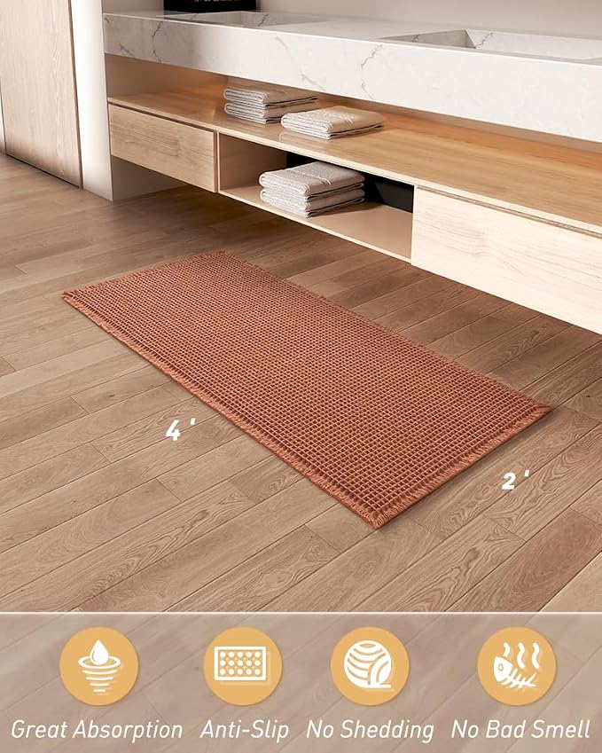 Upgraded Waffle Runner Rug Super Absorbent Non Slip Bath Mats for Bathroom Machine Washable Bathroom Runner Rug with Tassels, Ideal for Hallway Bedroom Laundry Room, Dirty Orange, 2'x 4'(24" x 48")
