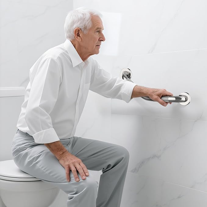 16 Inch Angled Shower Grab Bar, Munzong Anti Slip Satin Brushed Nickel Bathroom Grab Bar, Knurled Bathroom Balance Bar,Safety Hand Rail Support Handicap Elderly Injury Senior Assist Bath Handle