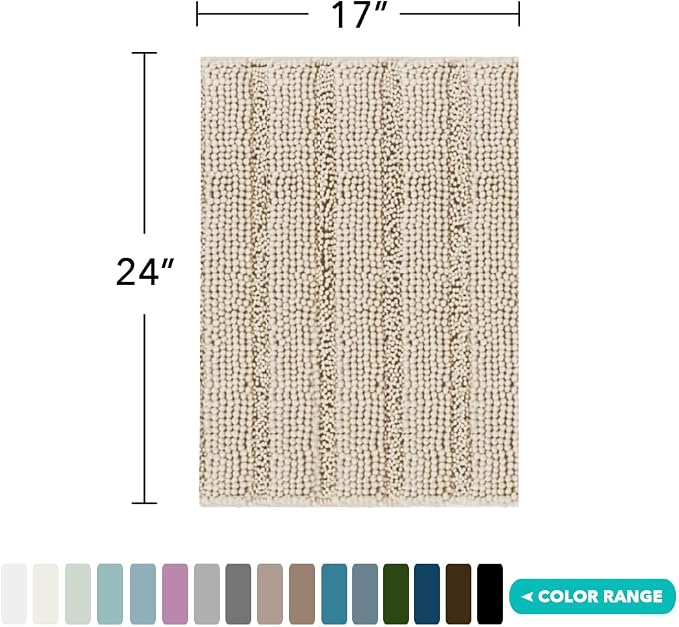 Turquoize Luxury Chenille Bath Rug for Bathroom Rugs Extra Absorbent Bath Mat Non Slip Microfiber Shower Rugs for Bathroom Microfiber Shaggy Carpet Rug Size, 17"x 24", Fog
