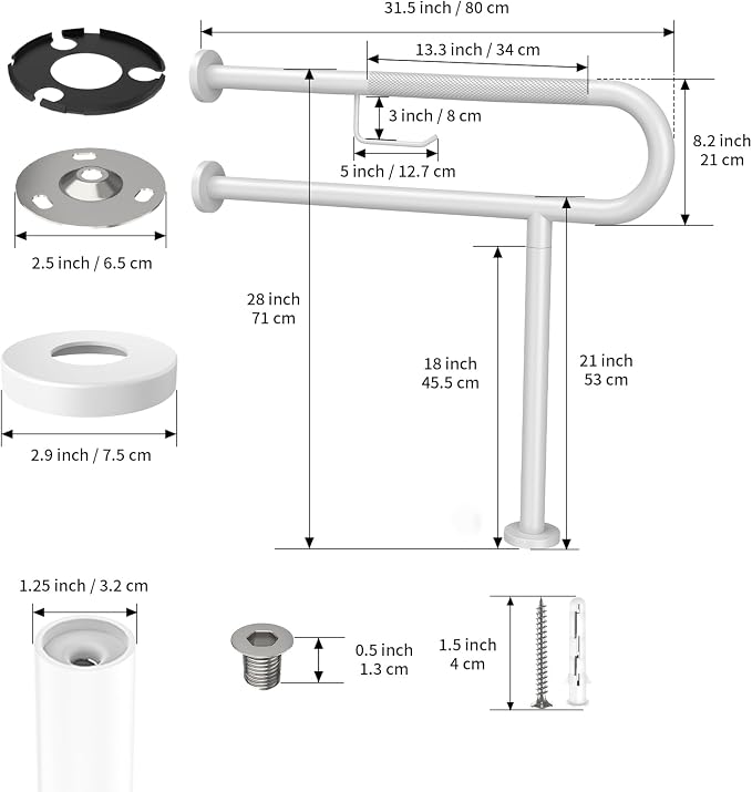 Toilet Grab Bar with Leg 31.5x28 Inch, ZUEXT White Knurled Toilet Support Bar with Toilet Paper Holder,Stainless Steel Wall & Floor Mounted Bathroom Support Rail for Seniors Elderly Disabled Pregnant