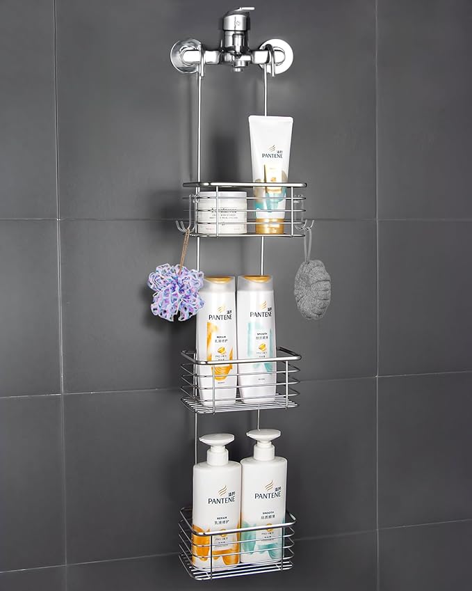 YQH 3-Tier Hanging Shower Rack - Door Organizer with 2 Hooks for Razor, Shower Balls and More (3 Tiers)