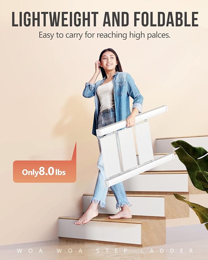 WOA WOA 3 Step Ladder, Foldable Step Stool, Lightweight Ladder for Home Kitchen Closet, Anti-Slip Aluminum Pedals, Ease of Folding, Portable, 300lbs Capacity - White