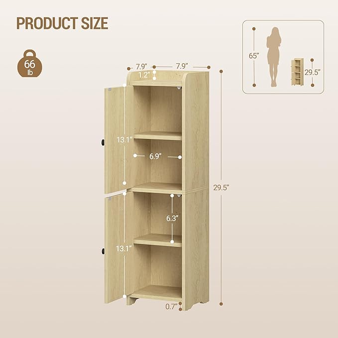 Hzuaneri Bathroom Storage Cabinet, Small Corner Floor Cabinet with 2 Doors and Adjustable Shelf, Narrow Toilet Paper Cabinets, Bathroom Organizer for Small Spaces, 7.9"D x 7.9"W x 29.5"H Rattan Yellow