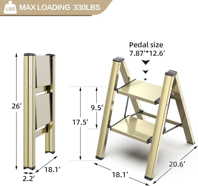 2 Step Ladder, Aluminum Folding Step Stool with Anti-Slip Sturdy and Wide Pedal, Lightweight Portable Multi-Use Stepladder for Home and Kitchen Use Space Saving, Gold, 330 lbs