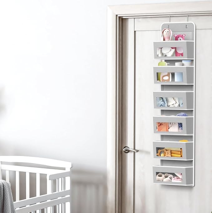 Simple Houseware 6 Clear Window Pocket Over Closet Door Storage Hanging Organizer for Bedroom, Bathroom, Pantry, Gray