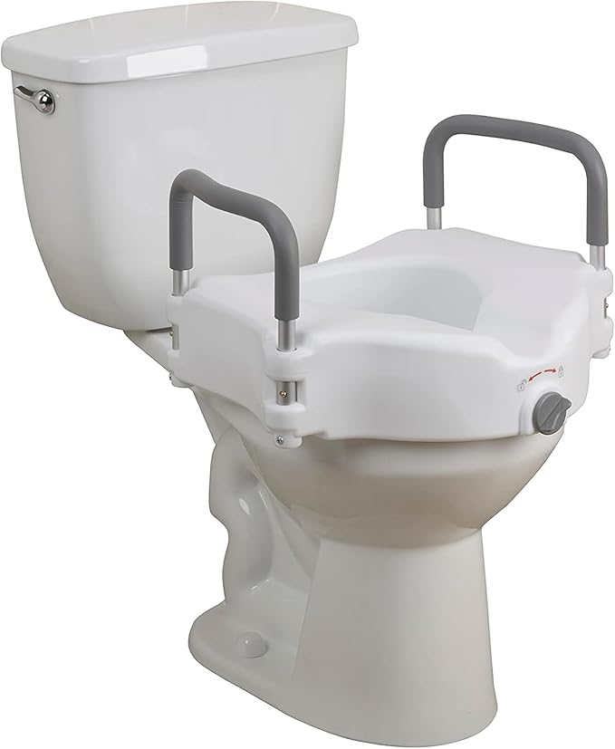 Drive Medical 2-in-1 Raised Toilet Seat with Removable Padded Arms - Elevated Bathroom Safety Support - Secure Locking Attachment - Easy Height Assistance - Durable Construction, Standard Toilets