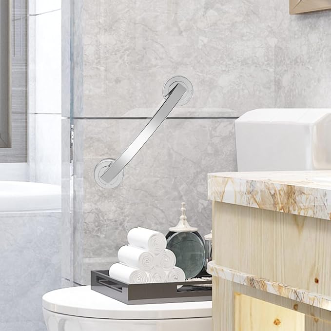 Cabilock Silver Suction Grab Bar for Shower & Bathtub – 12 Inch Chrome Finish Safety Handle, Drill-Free Balance Assist for Seniors, Elderly & Disabled, Portable Bathroom Support Grip