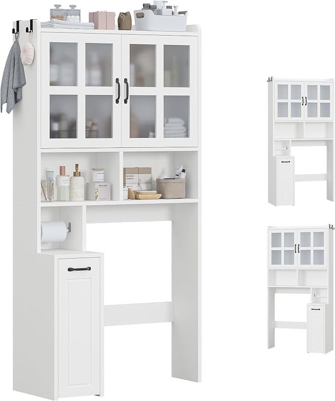 UPOSOJA Over The Toilet Storage Cabinet with Pulley Small Bathroom Storage Cabinet, Space Saver W/Adjustable Shelf & Glass Doors for Bathroom, Restroom, Laundry (Frosted Mirror-Type B)