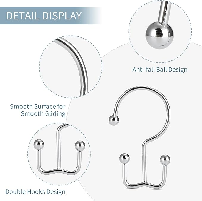 Goowin Shower Curtain Hooks, 12 Pcs Shower Curtain Rings, Durable Rust Proof Silver Shower Curtain Hooks, Shower Rings for Curtain, Double Glide Shower Hooks for Shower Curtain Rods, Chrome