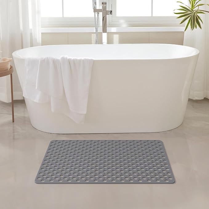 Yolife Large Shower Mat, 35 x 24 inch Non Slip Shower Mats for Inside Shower with Drain Hole, No Odor Soft TPE Shower Floor Mat, Extra Large Non Slip Shower Mat with Suction Cups, Grey