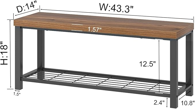 FOLUBAN Modern Entryway Bench - Rustic Wood and Metal Shoe Storage for Hallway Front Door Entrance, Industrial Indoor Seat for Bedroom Living Room, 43 Inch Walnut