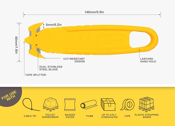 Safety Box Cutter T TOVIA 20 Pcs Safety Utility Cutters of Stainless Steel Blade Package Opener with Tape Splitter for Cartons, Cardboard, Wrap, Straps, Film (Yellow)