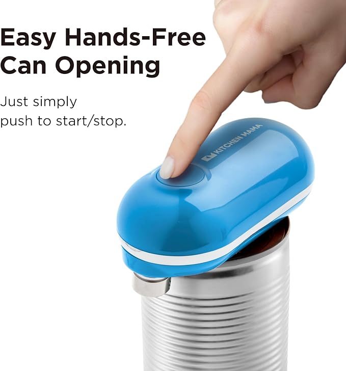 Kitchen Mama Mini Electric Can Opener Smooth Edge: Opens Can with One Press - Ultra-Compact, Portable, Hands-Free, Safe, Cordless, Seniors with Arthritis, Automatic, Battery Operated Appliance (Blue)