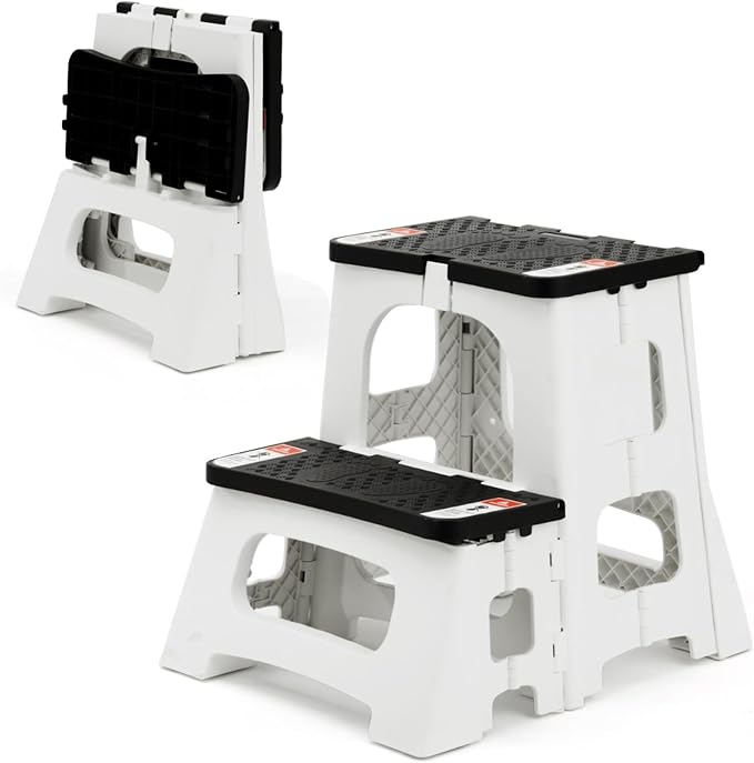 Folding Step Stool, 2-Step 8" 17", Non-Slip, 300lb Capacity | No Assembly, Stable A-Frame, Safety Lock, Anti-Slip Rubber Feet, Collapsible Stool for Kitchen Bathroom Bed RV Offic Garden