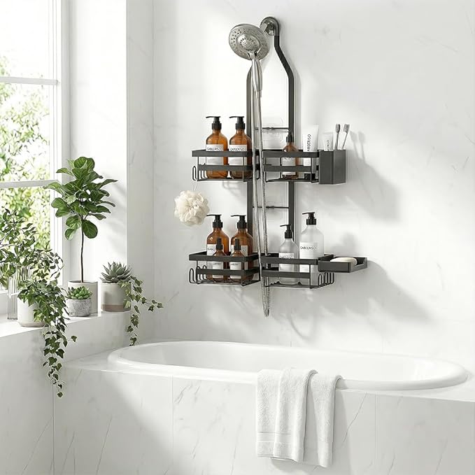 Shower Caddy Hanging for Handheld Showerhead - Rustproof Shower Organizer, 2-Tier No-Drill Over Showerhead Bathroom Shelf with Soap & Toothbrush Holder, Black
