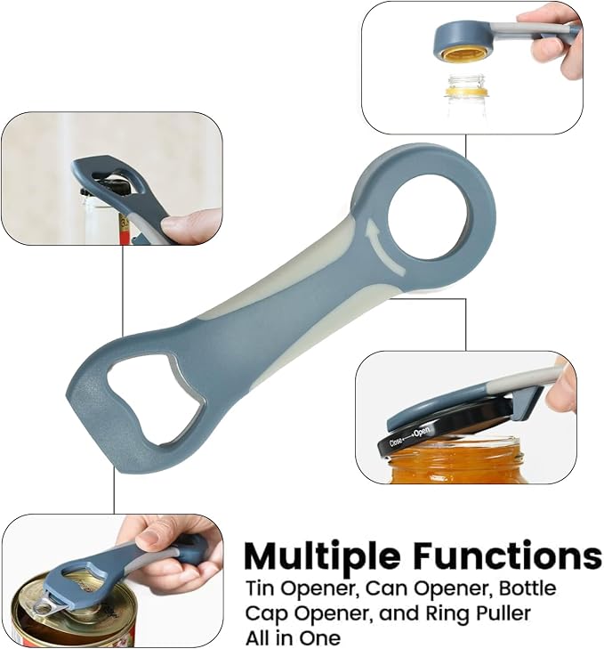 Pop Bottle Opener 4-in-1 Tool Easy Grip for Twist Caps Canning Lids Can Tabs Multifunctional Kitchen Gadget Arthritis Relief Off Jar Plastic Tool (Gray)