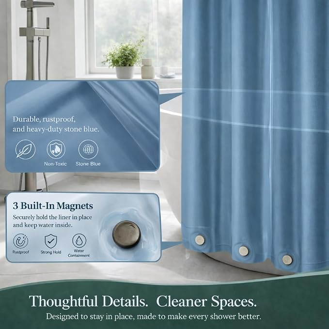 EHZNZIE Stone Blue Shower Curtain Liner 72x72, PEVA Waterproof Bath Curtain, No Chemical Smell, 3 Weighted Magnets, Durable with Rustproof Metal Grommets