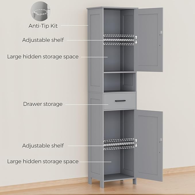 Homhedy 67" H Tall Bathroom Storage Cabinet with 2 Barn Doors and 1 Drawer, Narrow Storage Unit, Adjustable Shelves, Floor Cabinet for Bathroom, Living Room, Entryway, Kitchen, Gray, (15.7" W)