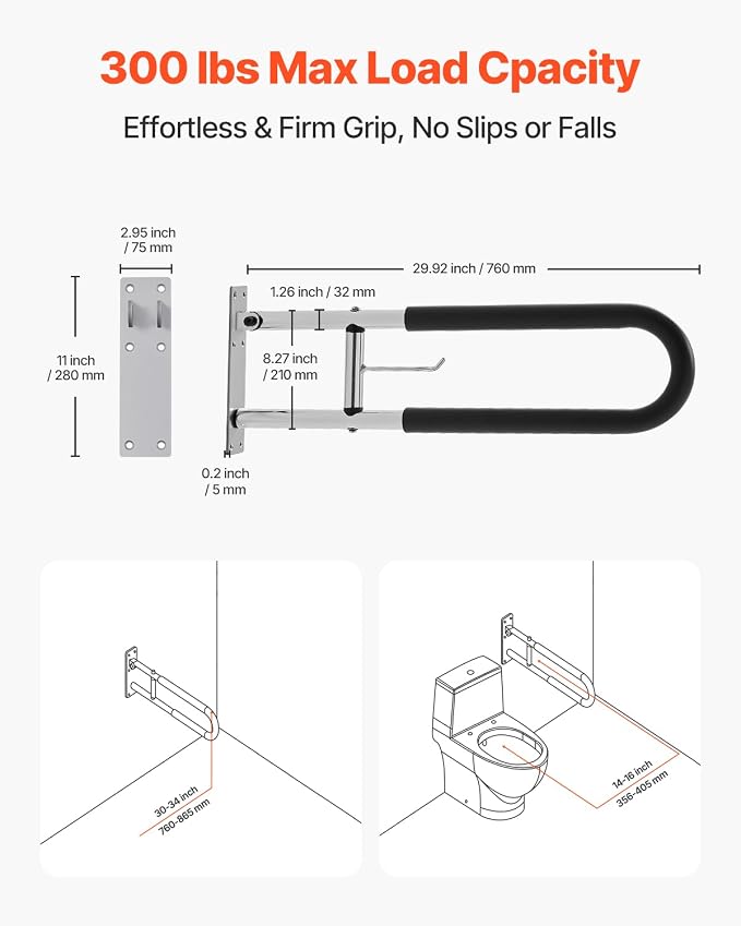 VEVOR Toilet Safety Rail, 30 Inch U-Shaped Handicap Grab Bar, Foldable Senior Safety Pole, Flip Up Toilet Grab Bars with Anti-Slip Handle, 300 Lbs Load Capacity Security Handrail with Paper Holder