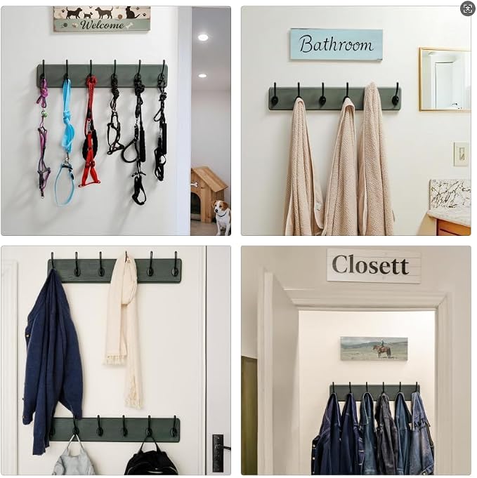 Dseap Coat Rack Wall: 24" Long, Patented, Heavy-Duty, 6-Double-Hooks Wooden Wall Mounted Coat Rack Coat Hanger Hook Rail for Winter Coats Hat Jacket Clothing, Weathered Green