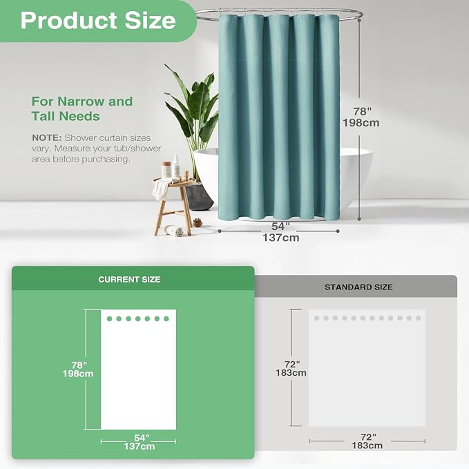 Dynamene Stall Fabric Shower Curtain - 54x78 inch Long Waffle Weave Weighted Thick Cloth Shower Curtains for Bathroom,Neutral Heavy Duty Hotel Spa Luxury Bath Curtain Set with 10 Plastic Hooks, Teal