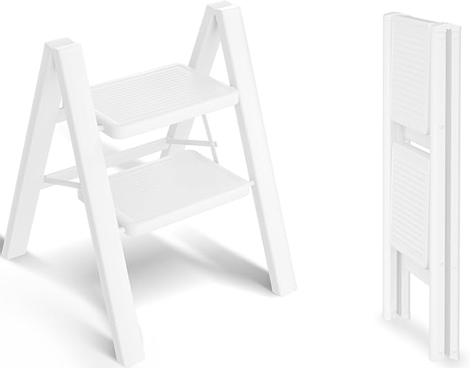 SOLADDER Step Stool, 2 Step Ladder with Anti-Slip and Wide Pedal, Portable Iron Foldable Stepladder for Home and Kitchen, 300lbs - White