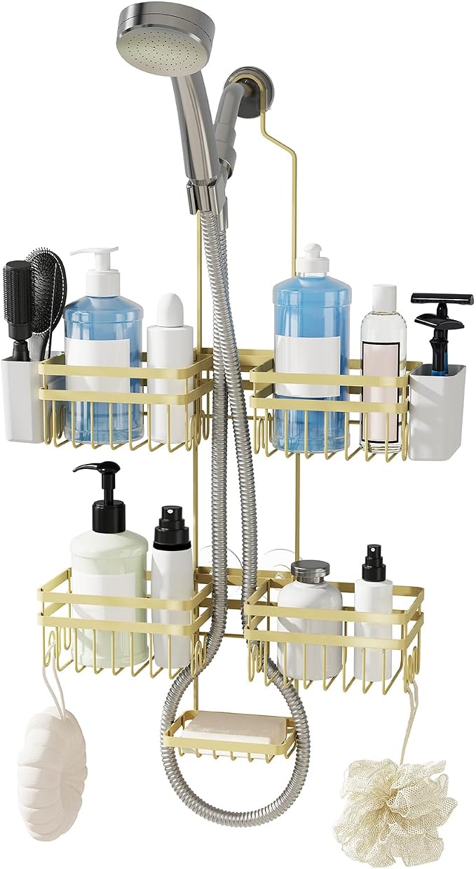 Shower Caddy Hanging for Bathroom Organizers and Storage - 3-Tier Adjustable Anti-Swing Shower Organizer Hanging with Heavy-Duty Suction Cups, Damage-Free Rustproof (Gold)
