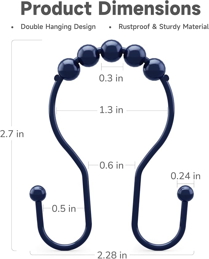 Bathway Shower Curtain Hooks, Shower Curtain Rings Rust Proof Navy Blue Double Hook Shower Curtain Hooks, 12 Pcs Shower Hooks for Shower Curtain, Shower Rings for Curtain, Metal Shower Rod Hooks