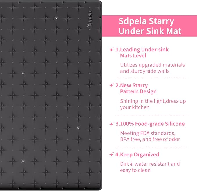 Sdpeia Under Sink Mat 31"×22" Waterproof Silicone Cabinet Liner & Sink Protector for Kitchen & Bathroom, Multi-Purpose Organizers Tray for Pets, Laundry, Cat Litter Mat, Black