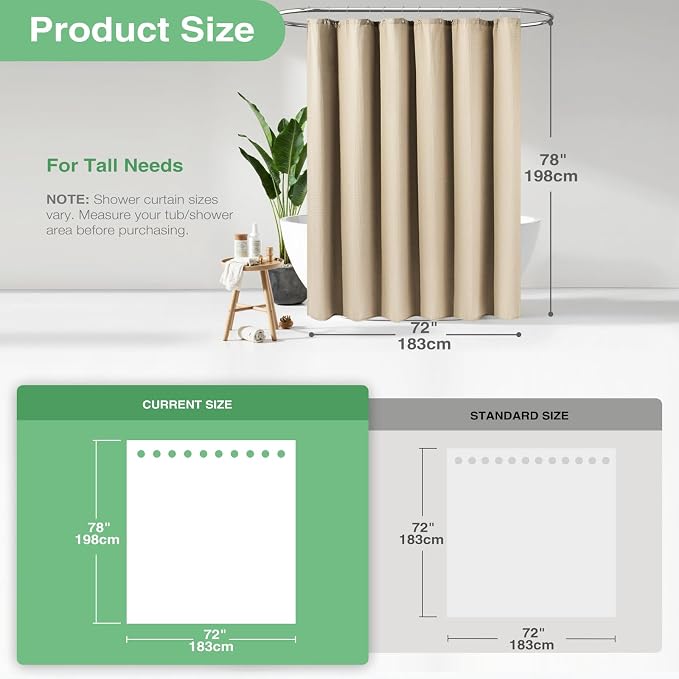 Dynamene Long Fabric Shower Curtain - 78 inch Waffle Weave Heavy Duty Cloth Shower Curtains for Bathroom, Neutral Weighted Hotel Spa Luxury Bath Curtain Set with 12 Plastic Hooks,72x78, Beige/Khaki