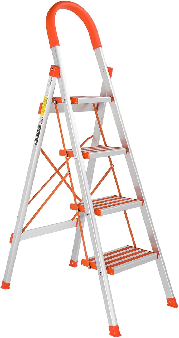 LUISLADDERS Step Ladder 4 Step Lightweight Folding Step Ladder Aluminum Step Stool with Widened Anti-Slip Strip Pedal Convenient Handgrip 350lbs EN131, Multi-use for Household and Office