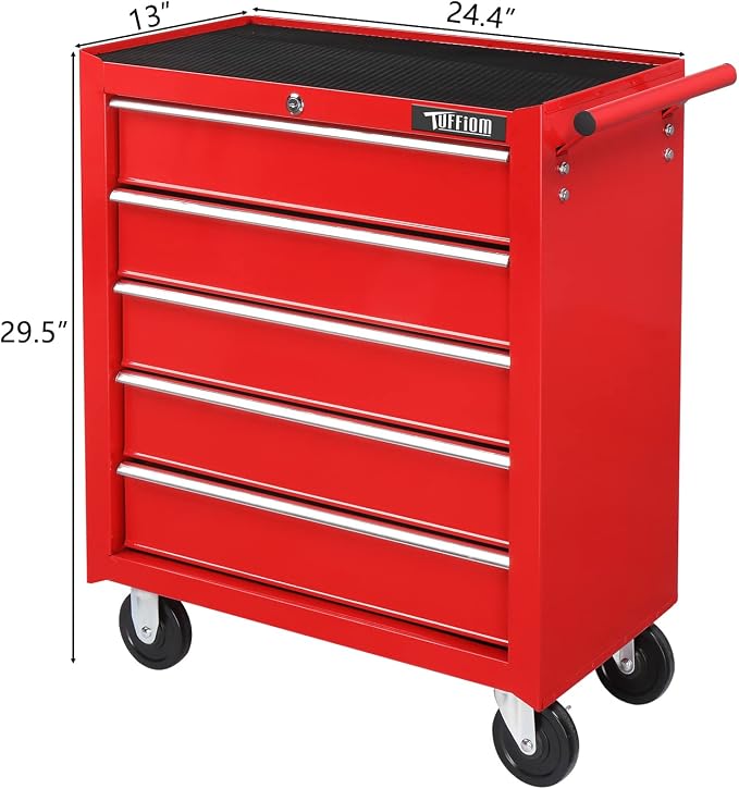 TUFFIOM 5-Drawer Rolling Tool Chest w/Drawers & Lock, Tool Storage Cabinet with Lockable Wheels, Top Cushion & Drawer Liners, Tool Organizer Box for Garage, Warehouse & Repair Sho