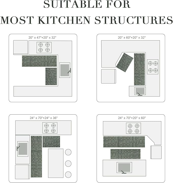 Kitchen Rugs Sets of 2-Non Slip Kitchen Mats for Floor-Thick Stain Resistant Vintage Kitchen Floor Mat Runner Carpet for Hallways Entryway Laundry Room Washable（Green 24"x70"+20"x47"）
