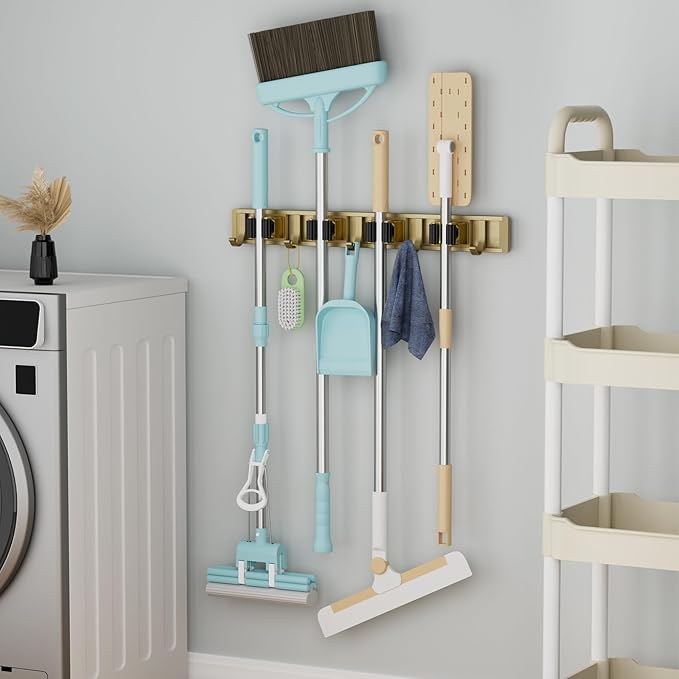 reliahom Broom Holder Wall Mount, 4 Racks with 5 Hooks Bronze - Mop Storage Tool Racks, Broom Hanger Tool Organizer for Garage, Kitchen, Garden, Laundry Room