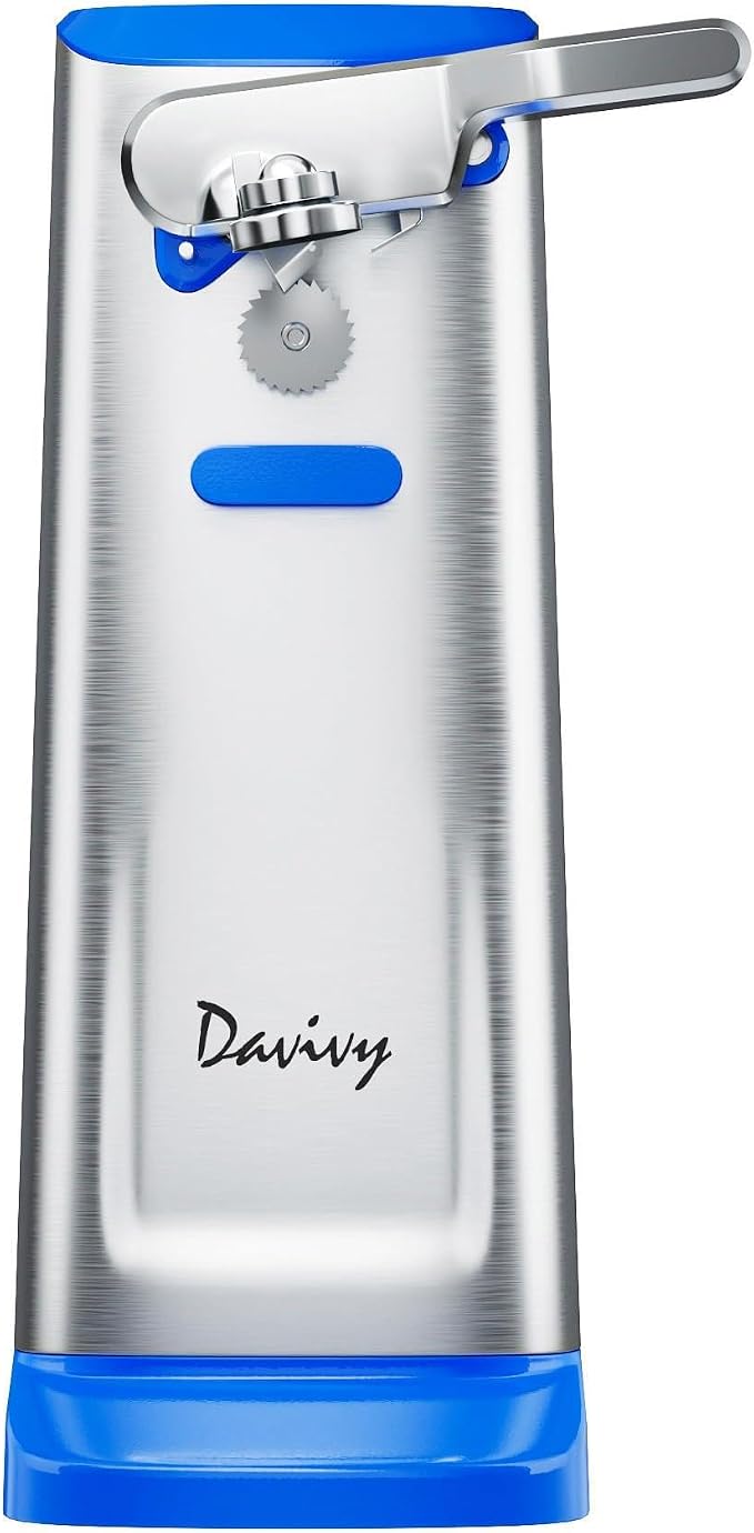 Davivy Electric Can Opener, One Touch Lid Opening, Removable Stainless Steel Cutter and 3-in-1 Design, with Sharpener and Bottle Opener, Stainless Steel-Blue)