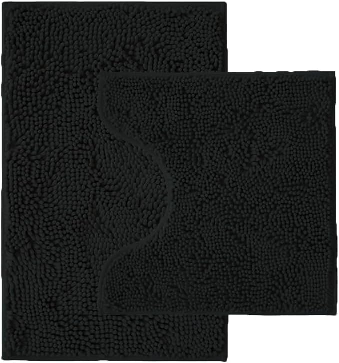 Bathroom Rugs Sets 2 Piece,Super Absorbent Chenille Bath Mats and U-Shaped Toilet Rug,Strong PVC Non Slip Backing,Microfiber Washable Dry Quickly Bath Mats for Bathroom(20"x32"+20"x20"U, Black)