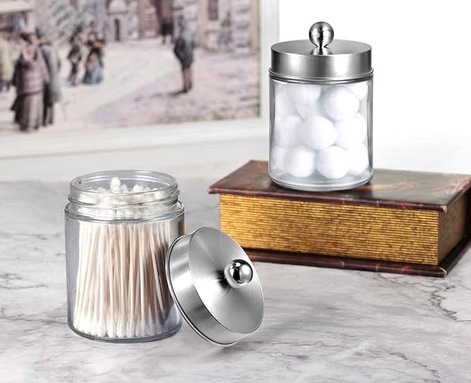 Amolliar 4 Pc Glass Apothecary Jars - Countertop Qtip Dispenser Holder with Stainless Steel Lids&Cute Stickers -Bathroom Vanity Storage Organizer Set for Qtips,Cotton Swabs/Rounds (Brushed Nickel)
