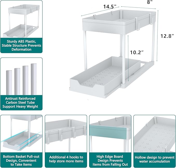 Under Sink Organizer - 2 Pack | Pull out Bathroom Organizer | 2 Tier Slide out Bathroom/Kitchen Organizers and Storage | White