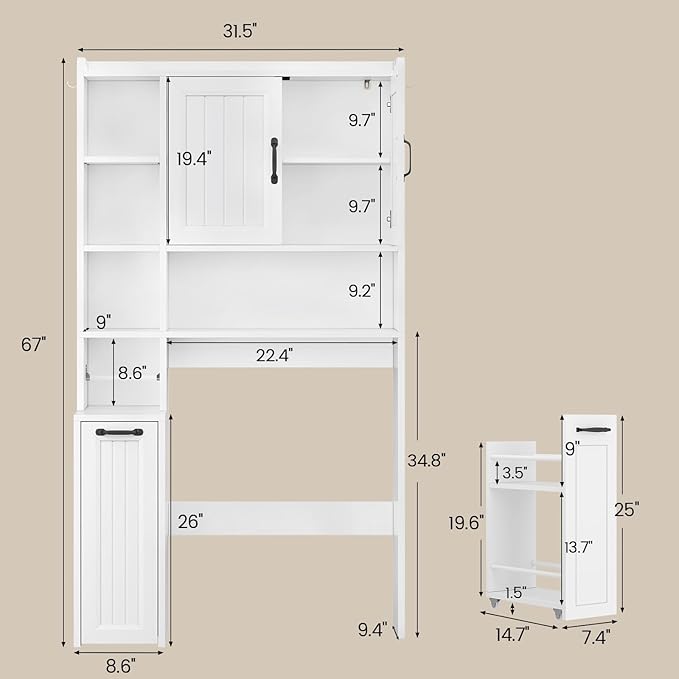 UPOSOJA Over The Toilet Storage Cabinet with Pulley Small Bathroom Storage Cabinet, Space Saver W/Adjustable Shelf & Open Shelf for Bathroom, Restroom, Laundry (White-Type A)