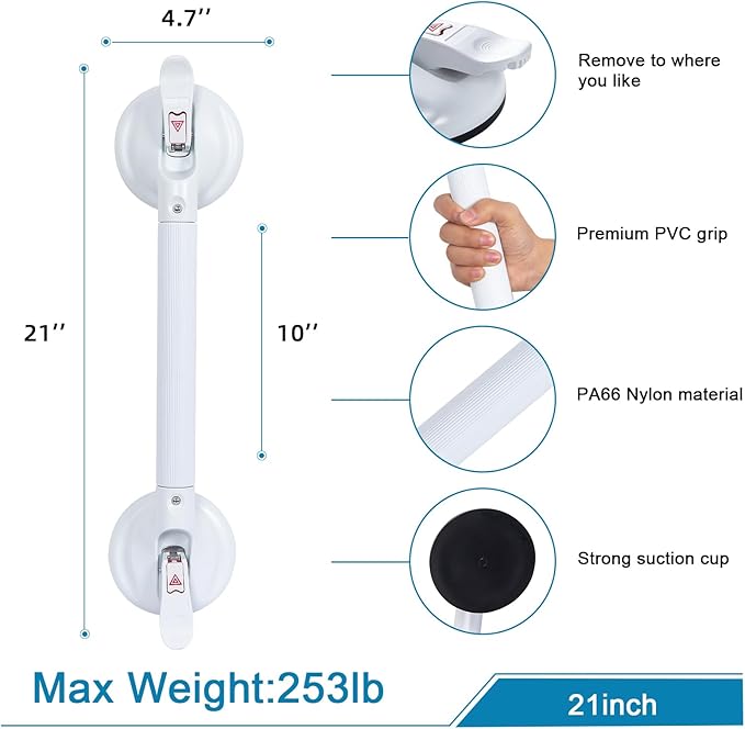 21inch Upgrade Suction Shower Grab Bar, Portable Shower Handle Bar Suction Grip Bar Bathtub Handle with Strong Hold Suction Cup Fitting and Rapid Release for Bathroom(Max Capacity :300lb