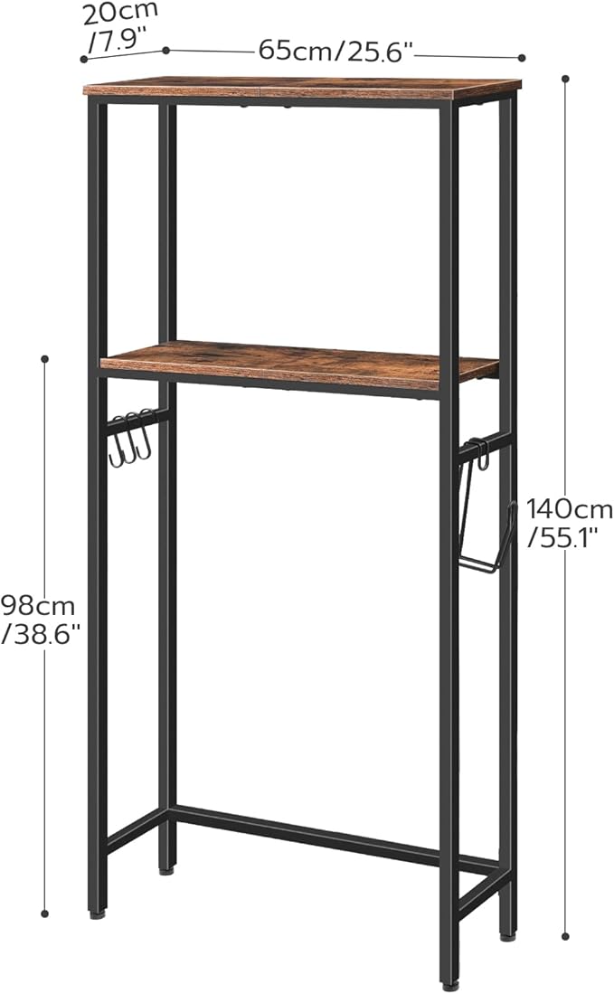 HOOBRO Over The Toilet Storage, 2-Tier Bathroom Organizer Over Toilet, Freestanding Bathroom Storage Shelves with Toilet Paper Holder and Hooks, Space Saver for Room, Rustic Brown and Black BF49TS01