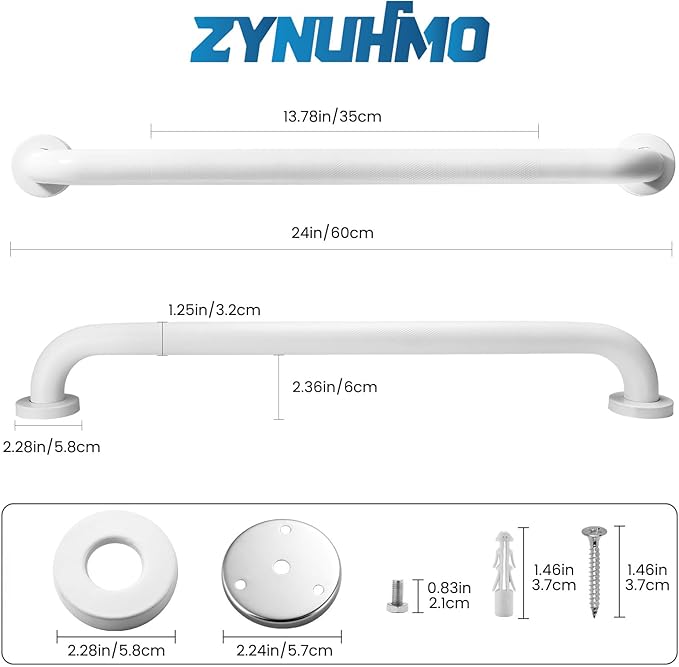 Grab Bars for Shower, Zynuhmo 2 Pack 24 Inch Anti Slip Bathroom Safety Grab Bar 1.25" Diameter Stainless Steel Shower Handrails for Handicap Injury Pregnant Senior Assist Shower Handles(Matte White)