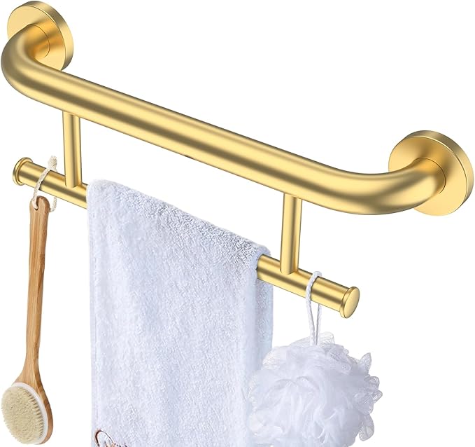 Brushed Gold Grab bar 17 inch - 1.25” Diameter, Zepolu 2-in-1 Bath Towel Bars for Bathroom, Stainless Steel Safety Assist Bar Balanced Support Handle, Wall Mounted Towel Grab Bars for Senior Handicap
