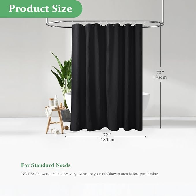 Dynamene Black Fabric Shower Curtain, Waffle Weave Heavy Duty Thick Fabric Shower Curtains for Bathroom, 256GSM Weighted Hotel Luxury Cloth Shower Curtain Set with 12 Plastic Hooks, 72Wx72H, Black