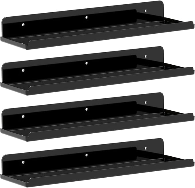 Lifewit Floating Shelves for Bathroom, Acrylic Display Shelf Wall Mounted for Makeup, Skincare, Nail Polish, Book, 14" Perfume Organizer for Bedroom, Living Room, Nursery, Home Decor, Black, 4 Pack