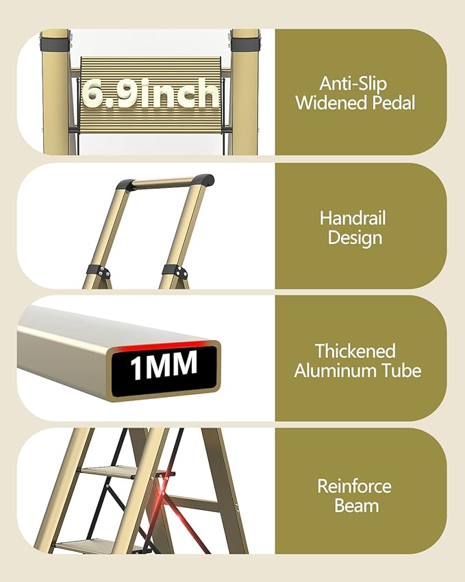 WOA WOA 5 Step Ladder, Ladders for Home, Anti-Slip Pedals, Aluminum Step Stool Foldable, Lightweight to Move, Ease of Storage, Reach 10ft for Closet Kitchen Library, Hold 300lbs - Gold