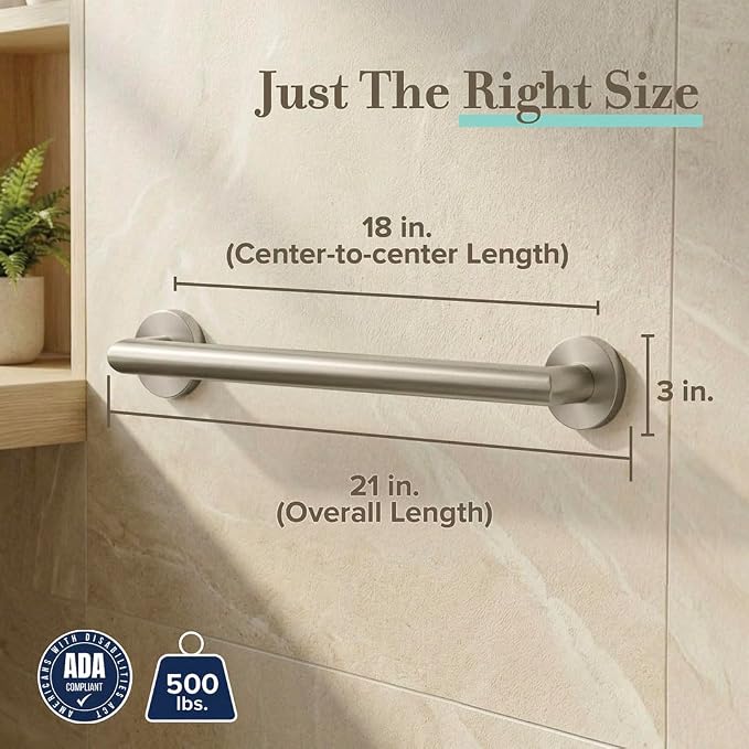 Gatco 972 Glam 18" Grab Bar, Satin Nickel | ADA Compliant Stainless Steel Safety Grab Bar for Bathroom | Total Length 21", 1.25" Dia.
